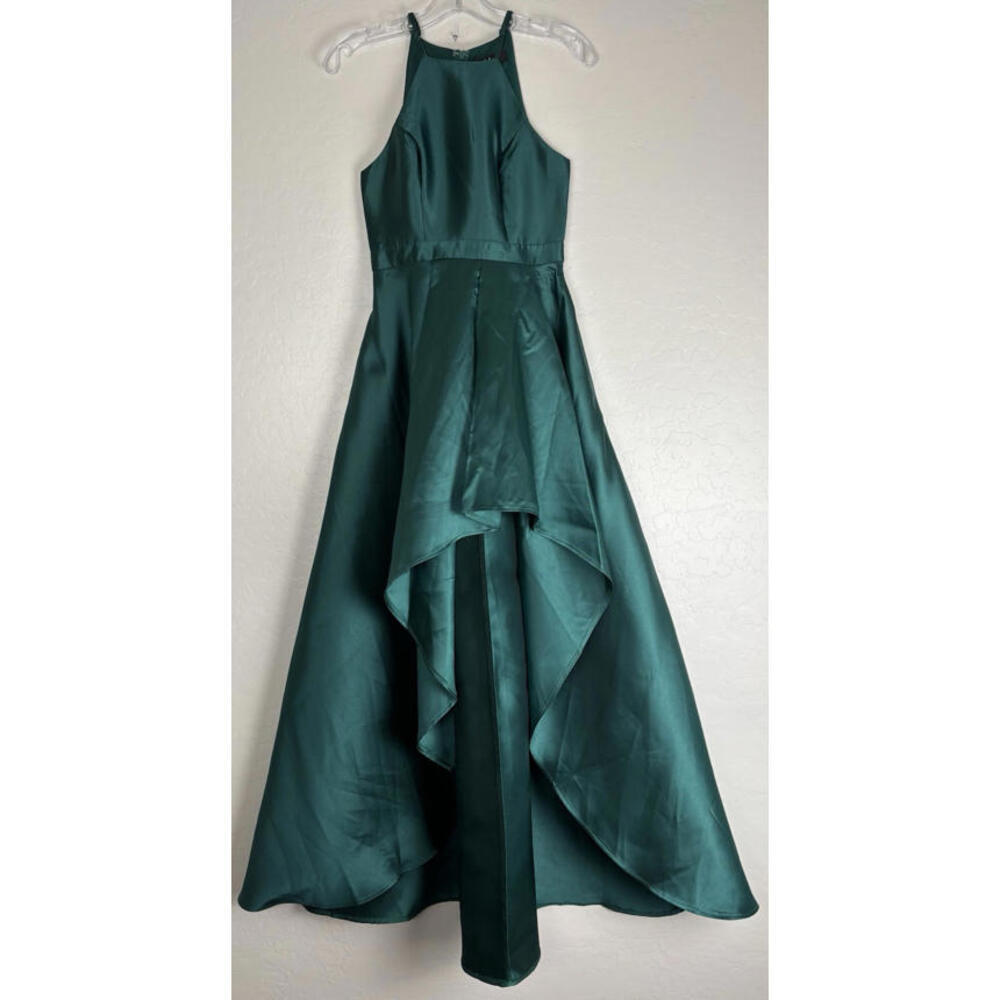 Lulus Emerald Green Satin High Low Halter Formal Gown Dress 27492 XS